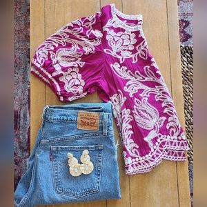 Fuchsia embroidered puff sleeve blouse